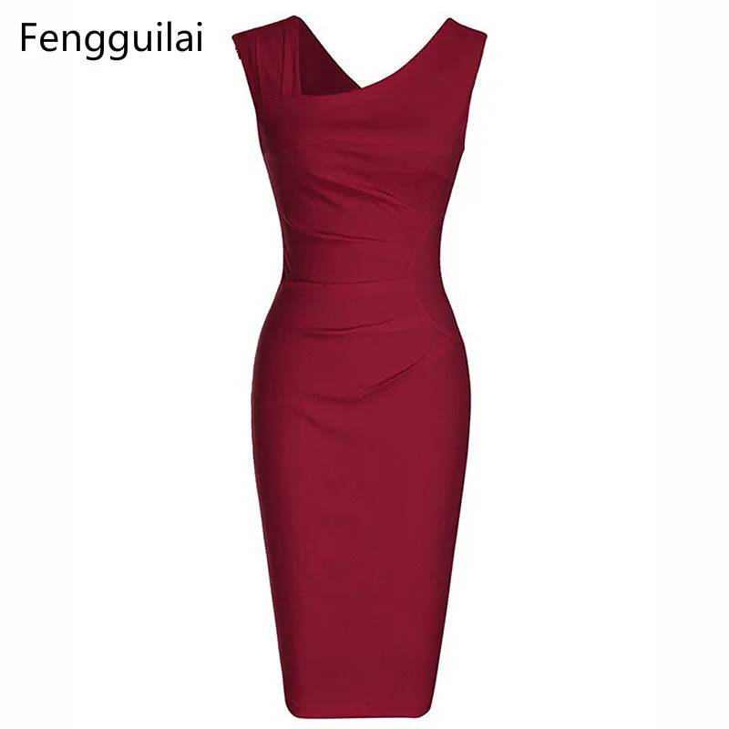 

3 Colors Solid Sexy Irregular Collar Party Dress Women Office Knee-Length Sleevless Pencil Vestidos Elastic & Slim