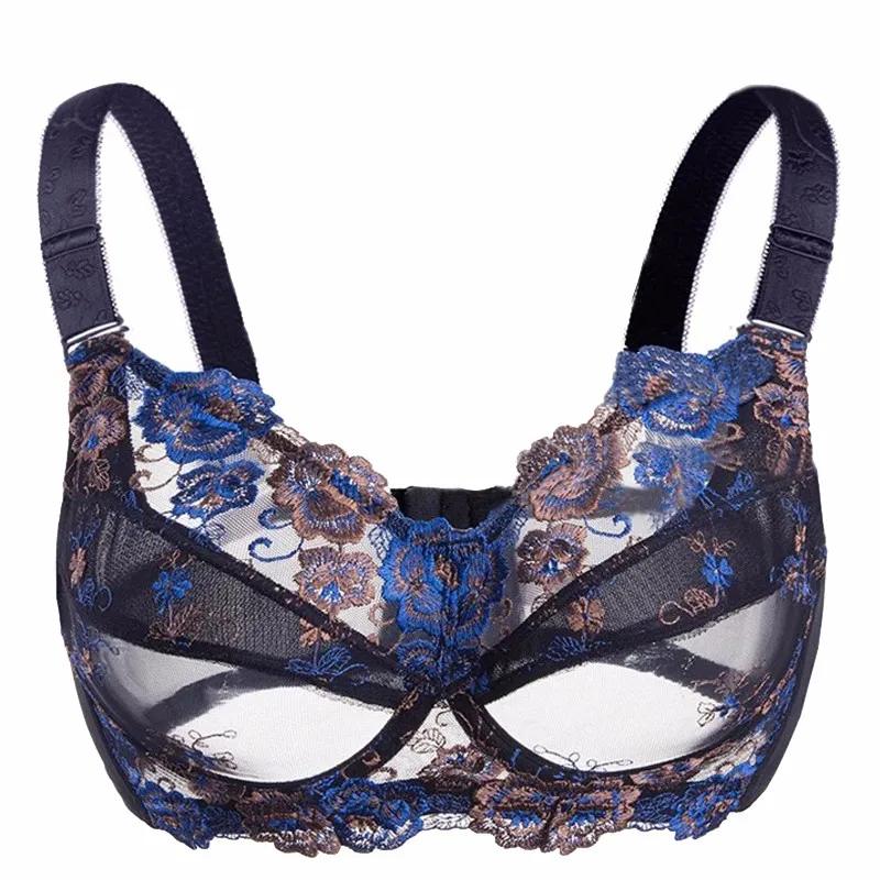 Lace Bra for Womens Full Coverage Floral Embrodiery Underwire Female Ultra Thin Lingerie 34 36 38 40 42 44 46 48 B C D E F G H