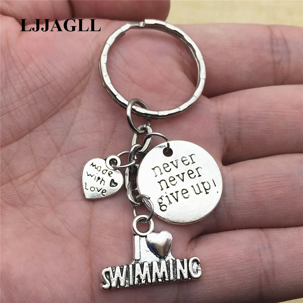 Trinket Silver Plated 2pcs Never Give Up Swimming Love Key Chains