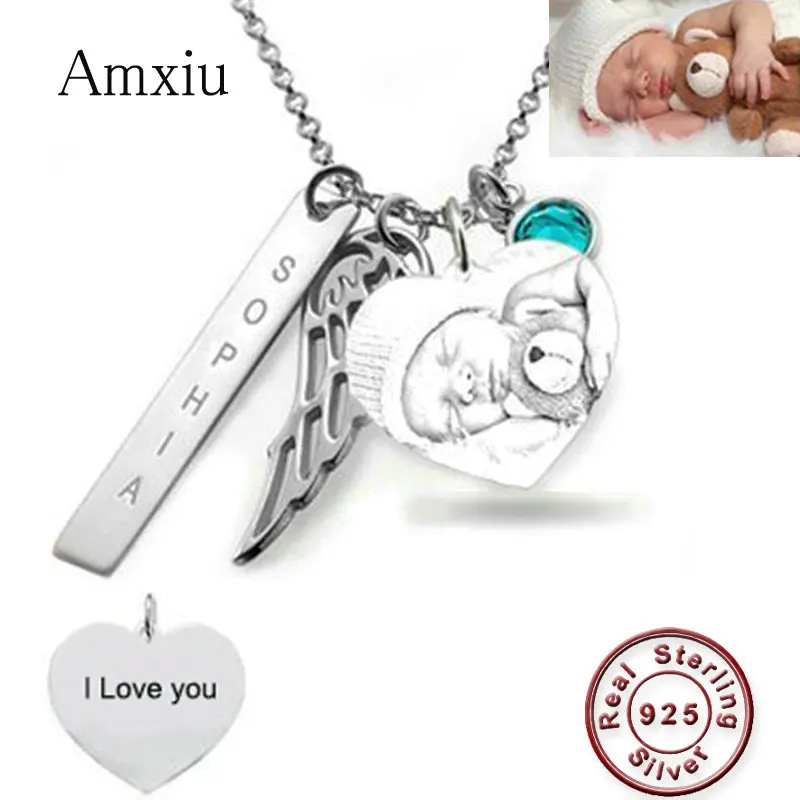 Amxiu Personalized Baby Photo Necklace Engraved Name Necklace 925 Sterling Silver Heart Wing Necklace for Women Mother's Gift