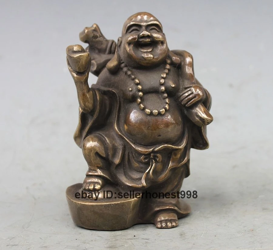 

5.5" Chinese Tibet Buddhism YuanBao Wealth Maitreya Buddha Bronze Statue