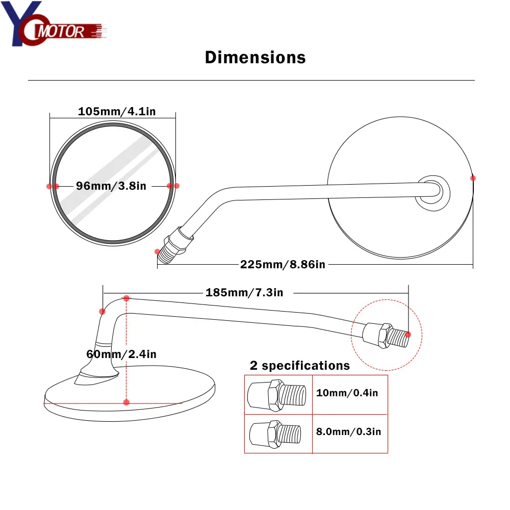 Back View Mirror Electric Bicycle Rearview Mirror Moped Side Mirror 8mm Round Motorcycle FOR YAMAHA XJR400/1300 V-MAX1700 SUZUKI