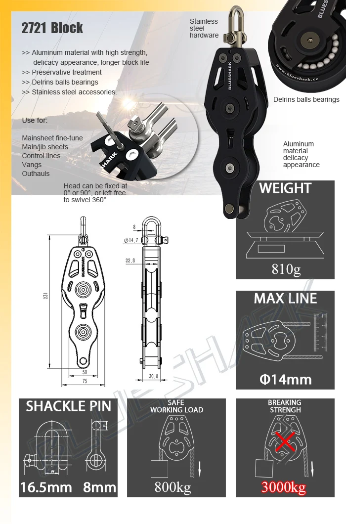 Sailboat Hardware 75 mm 3 Inch Aluminum Fiddle Becket Block Max 800kg 2721