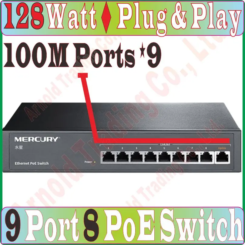 

Steel Cabinet Switch 9-Port 10/100Mbps Fast Ethernet Network PoE Switch 802.3af/at 100Mbps 128W PoE Power, 4KV Lightning Protect