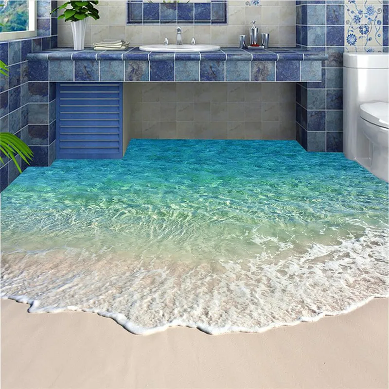 beibehang Floor painting HD blue sea scenery Waterproof Bathroom kitchen balcony PVC Wall paper Self wall sticker Floor mural