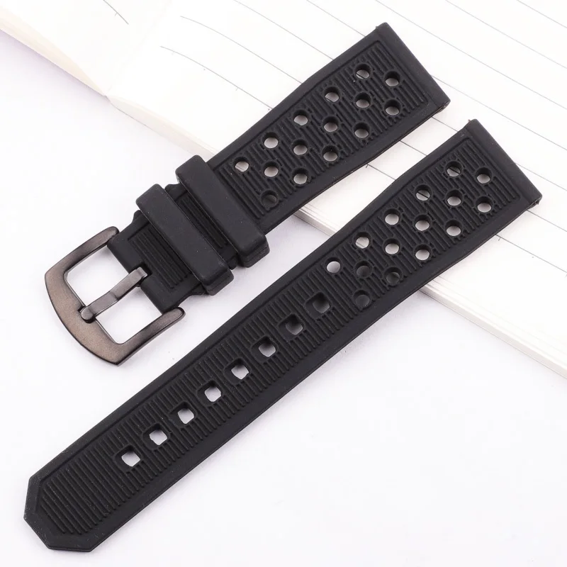 22mm Watchbands Bracelet Black Waterproof Soft Silicone Rubber Men Watch Band Strap Watch Accessories Silver Black Buckle