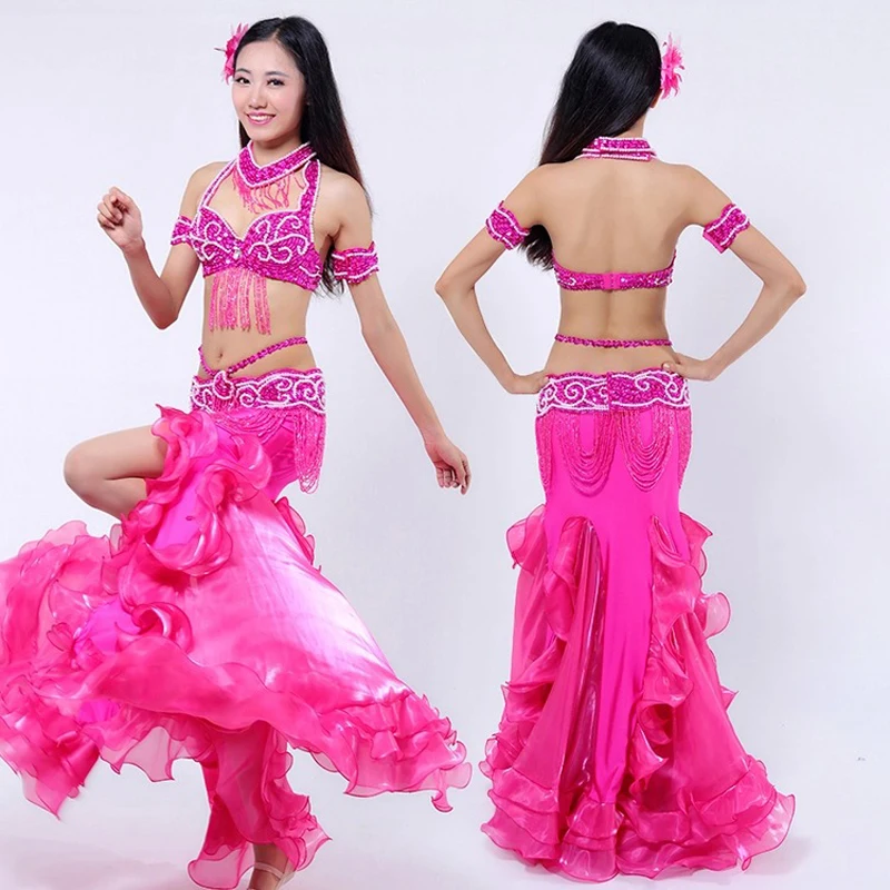 5pcs/Set  hand-made sewed  Belly Dance Costumes Popular Oriental dancing Set Dresses Bra+Belt+Skirt+Necklace+Arms