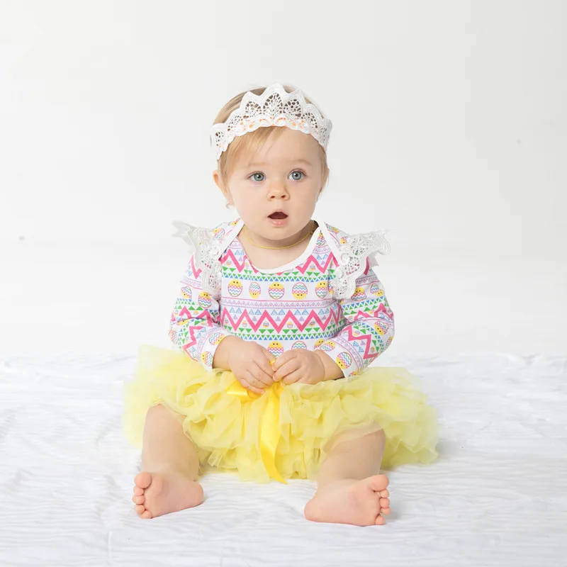 Sweet Weave Costume Baby Girls Outfit Bebe Kids Romper Lace Tutu Jumpsuit Overall Children Baby Infant Clothing 3PCS Yellow