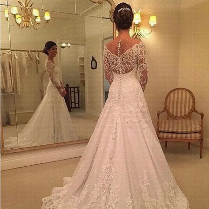 Customized Vestido De Noiva Boat Neck Wedding Dresses Applique Wedding Gown Zipper Back Buttons Marriage Gown Robe De Mariee