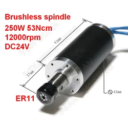 250W 53Ncm 12000rpm DC 24V Brushless spindle 42mm motor ER11 Collets for CNC drilling milling Carving Metal plastic wood working