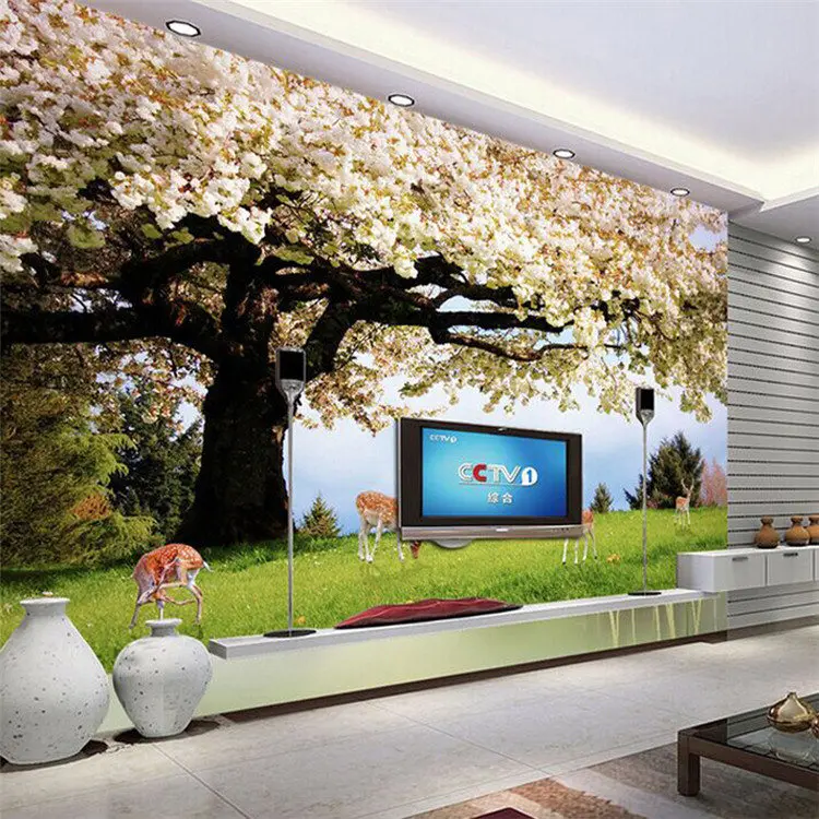 Modern living room sofa bedroom TV background wallpaper 3d fantasy cherry tree meadow wallpaper 8d rural nature wallpaper wall