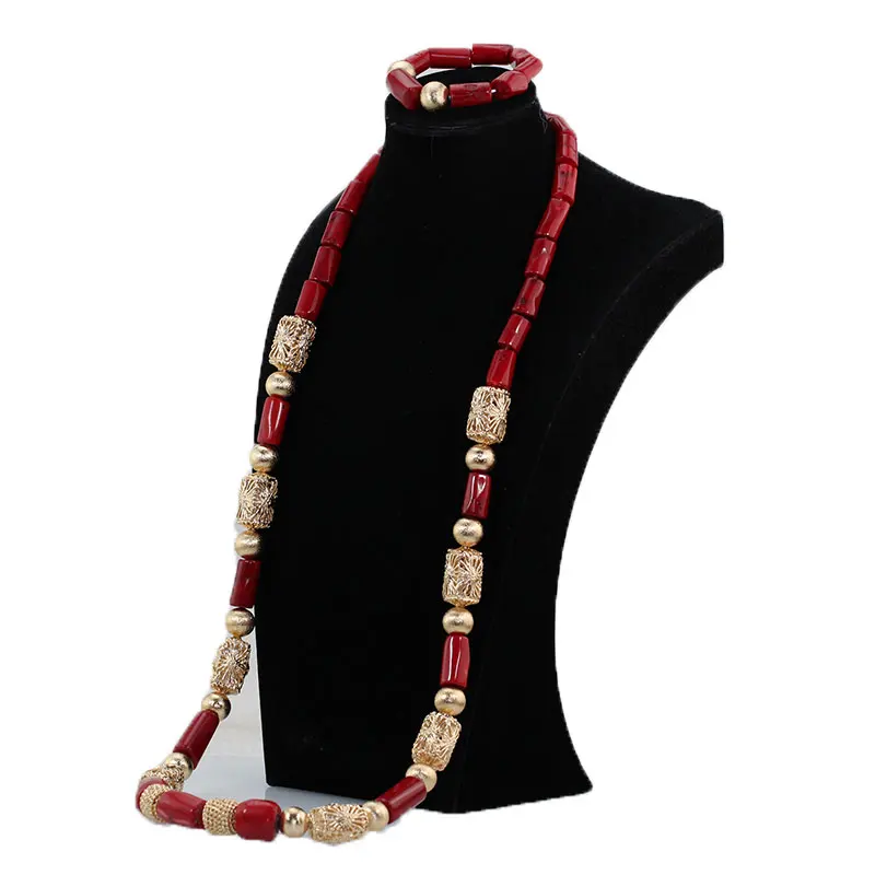 2018 Natural Coral Red African Coral Bridal Couple Jewelry Sets Real Coral Beads Wedding Jewelry Sets for Bride and Groom ABH793