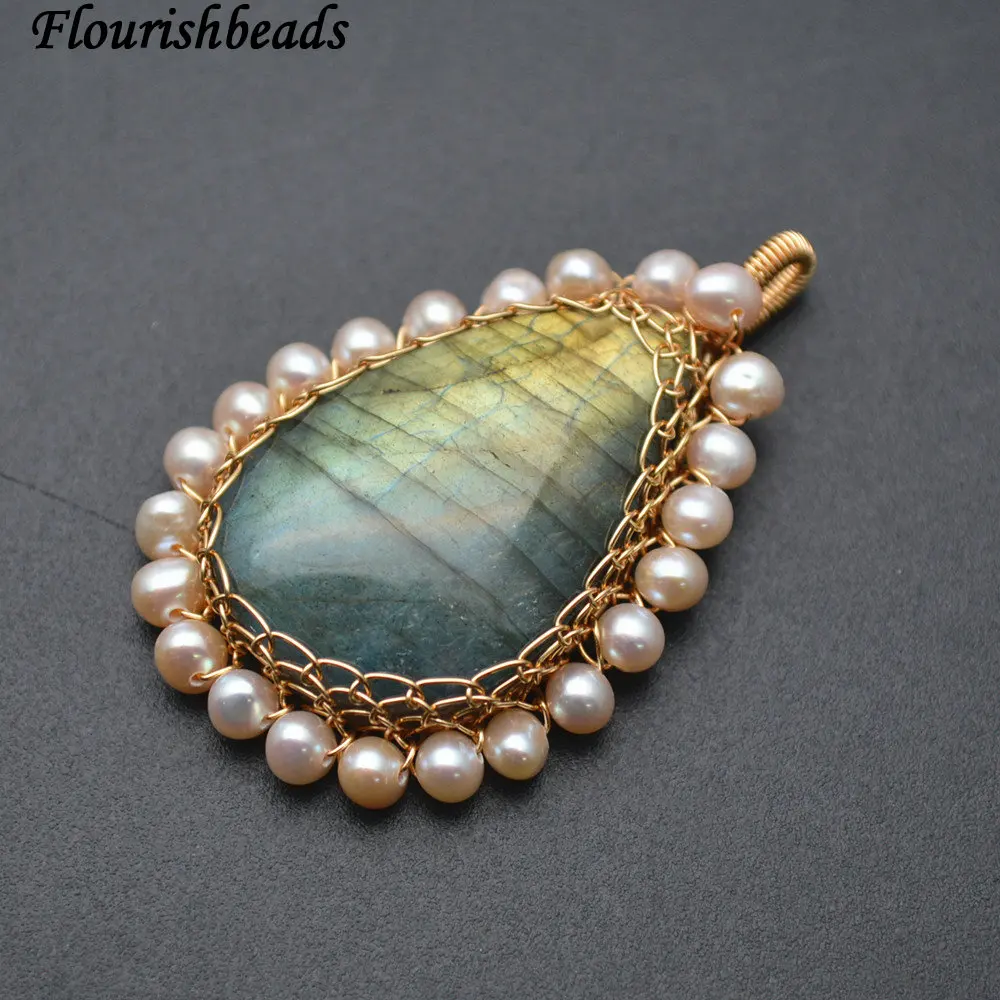 High Quality Shiny Natural Labradorite Stone Cabochon White Pearl Beads Wire Wrapped Laceword Pendant Fit Necklace Making