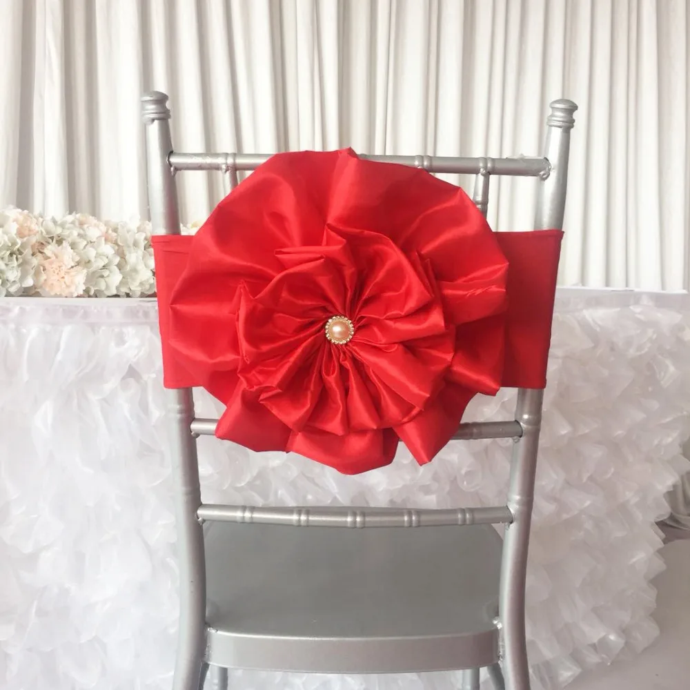 Hot Sale 100PCS  Red  Miracle Taffeta Big  Flower With Brooch Spandex Chair Band for Wedding Party