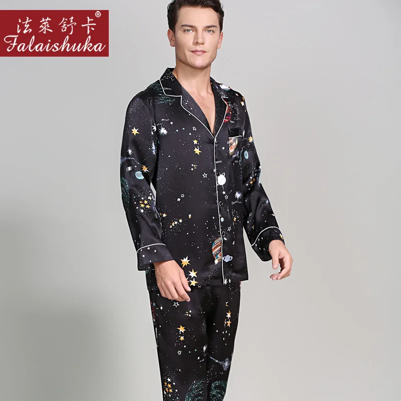 100% Silk Man Pajamas Romantic Starry Sky Printed Long-Sleeve 19 MM Sleepwear Male Two-Piece Silkworm Silk Pyjama Sets T9020