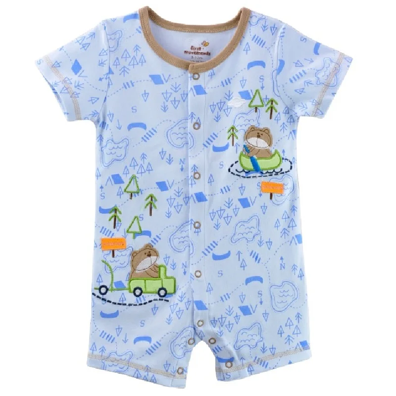 Baby Boys Short Rompers Bear Forest Cute Newborn Clothes Toddler Jumpsuits Light Blue 100% Cotton