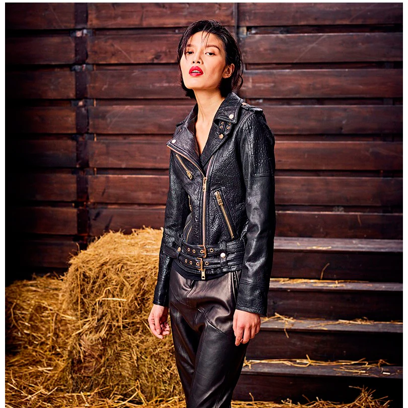 Women's Leather Jacket Short Paragraph Slim  SheepSkin Motorcycle Jacket