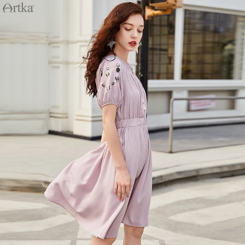 ARTKA 2019 Summer New Women Dress Vintage Embroidered Puff Sleeve Dress Elegant Slash Neck Dresses Elastic Waist Dress LA15993X