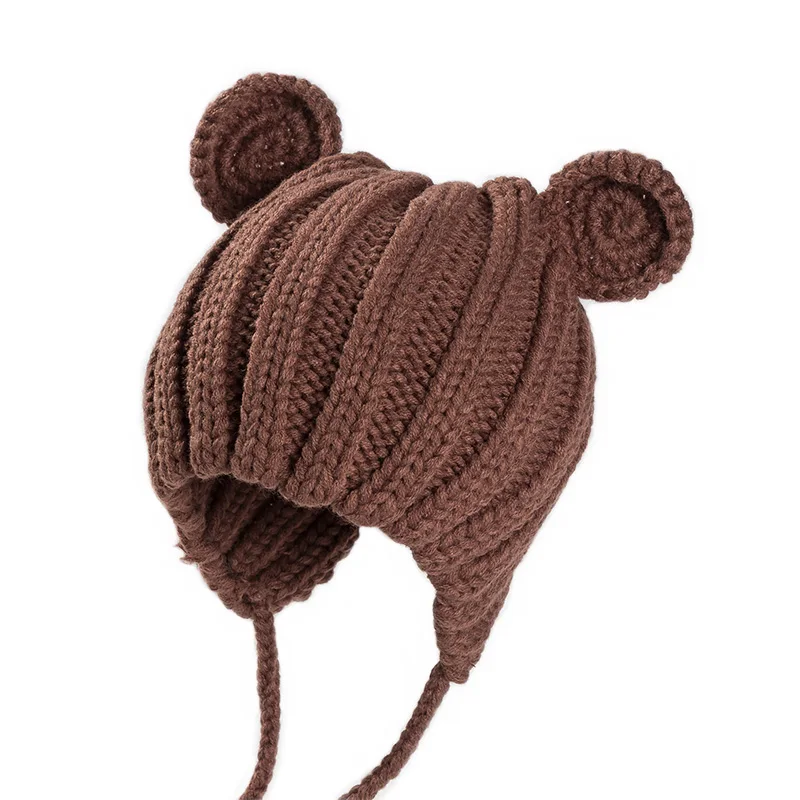 Knitted Winter Baby Hat with Ears Cartoon Lace-up Children Kids Baby Bonnet Cap for 1-3 Years 5 Colors