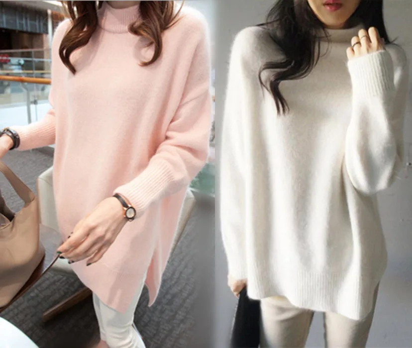 

autumn and winter batwing sleeve loose basic knitted rabbit fur turtleneck sweater female medium-long pullover