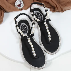 Women sandals 2024 new summer shoes flat pearl sandals comfortable string bead beach slippers casual sandals pink white black