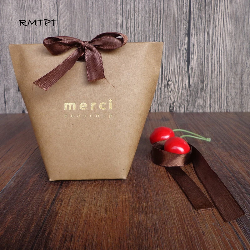 RMTPT 50pcs/lot Upscale Black White Kraft Papel "Merci" Gift Box  Wedding Favors Candy Bag Package Birthday Party Favor Boxes - Image 5