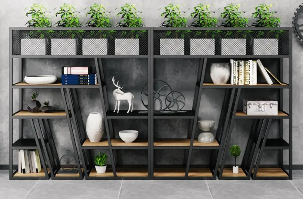 Industrial style partition screen American cafe restaurant floor-to-ceiling bookshelf display shelf iron goods shelf flower