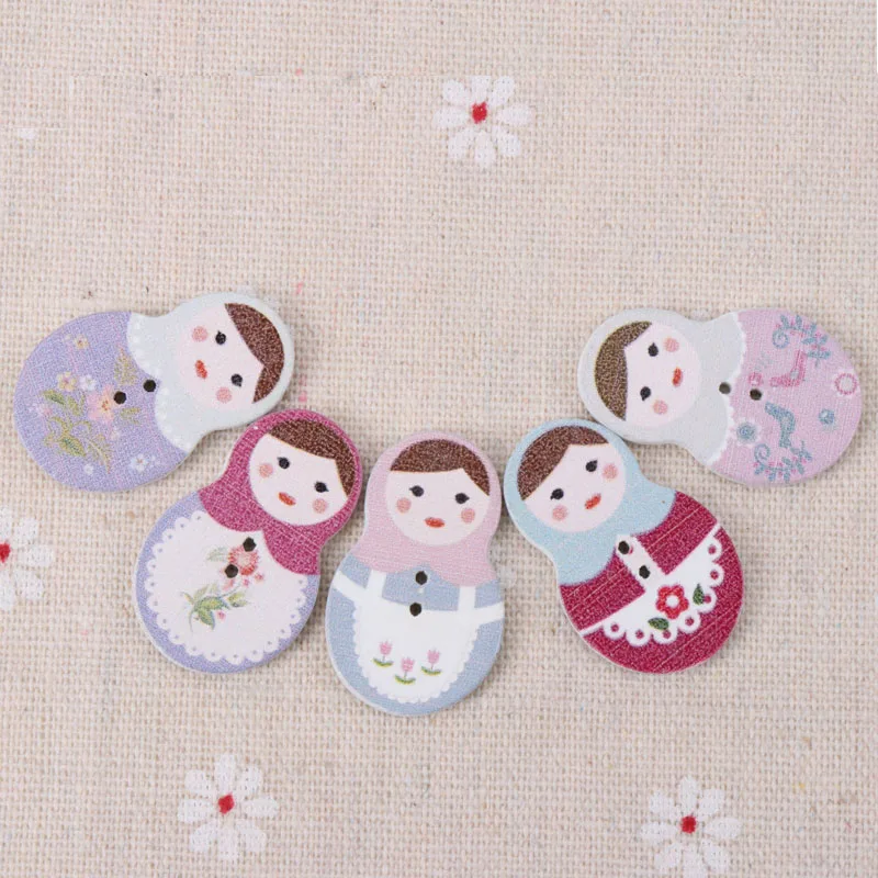 Mix Cartoon Russian doll Wooden Buttons Botones Handmade Accessories Decoration Sewing Scrapbooking Crafts DIY 30x20mm 20pcs