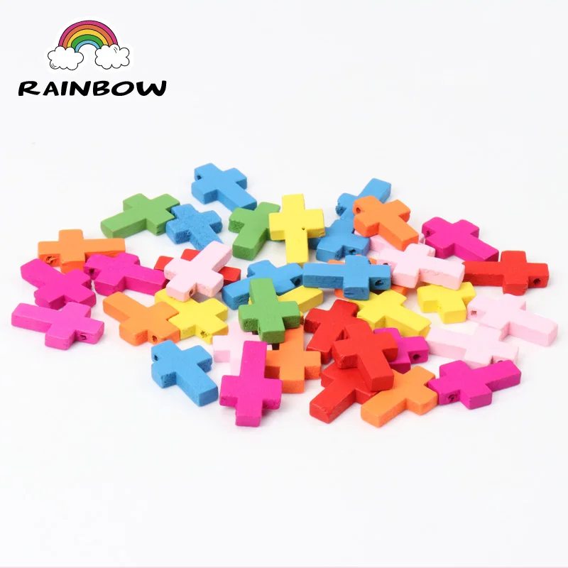 Mixed Fluorescent Colors Natural Wooden Cross Shape Spacer Beads For Jewelry Making DIY 22x15mm 50Pcs