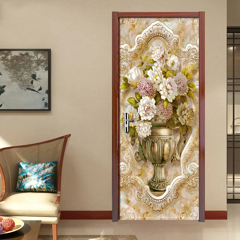 

European Marble Pattern Vase DIY Door Sticker Living Room Bedroom Door Decoration Art Mural PVC Waterproof Door Wallpaper Fresco