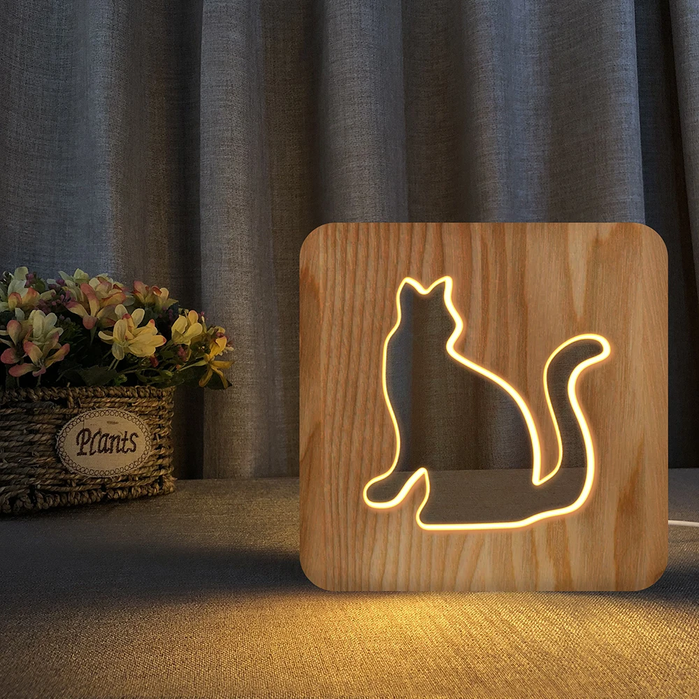 Wooden Lamp Animal Cute kawaii Cat Lamp 3D USB LED Table Light Kitten Meow Wood Carving Lamp for Children Room Decoration