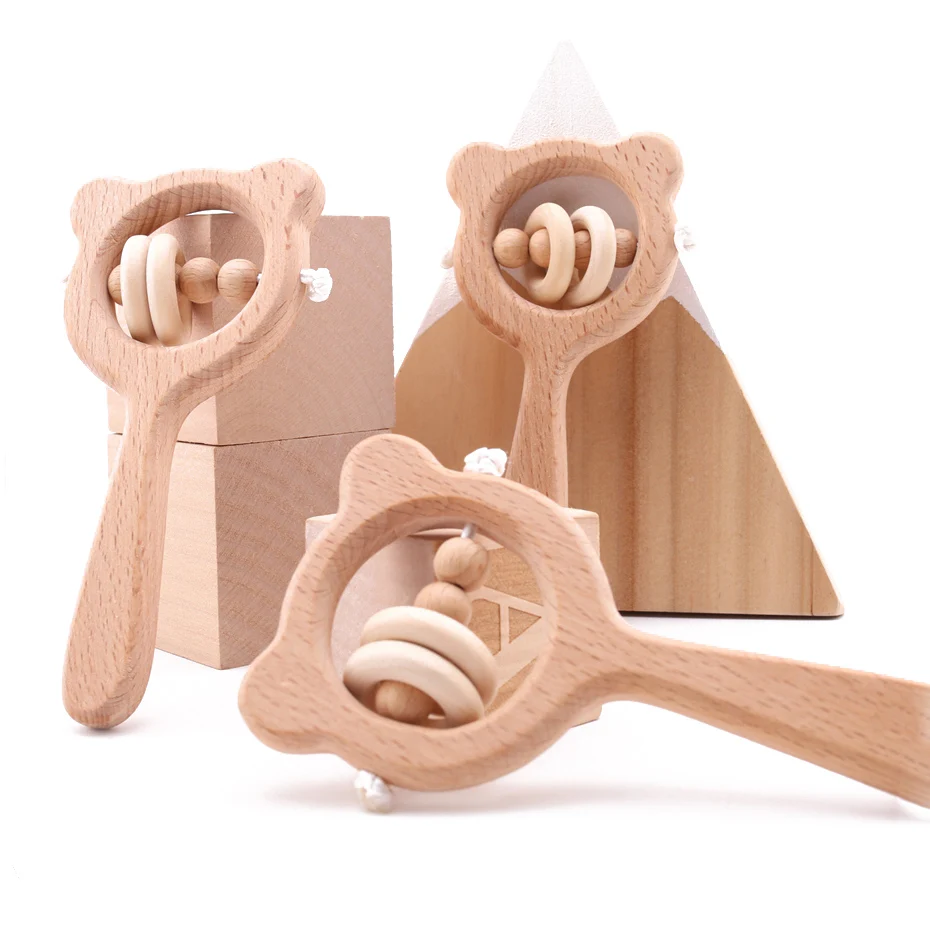 1pc Baby Spielen Turnhalle Spielzeug Buche Rassel Holz Bär Hand Zahnen Holz Ring Nach Name Baby Rassel Kid Montessori pädagogisches Spielzeug