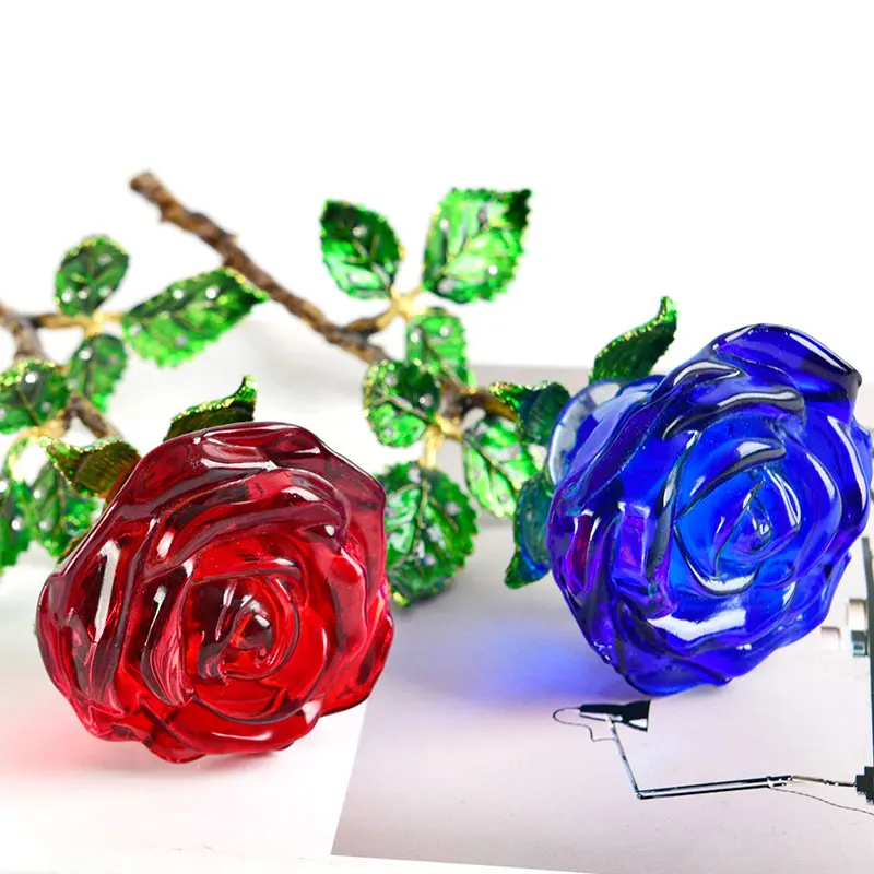 Crystal Glass Rose Flower Figurines Craft Wedding Valentine\'s Day Gifts X\'mas Gifts Wedding Home Table Decoration Ornament