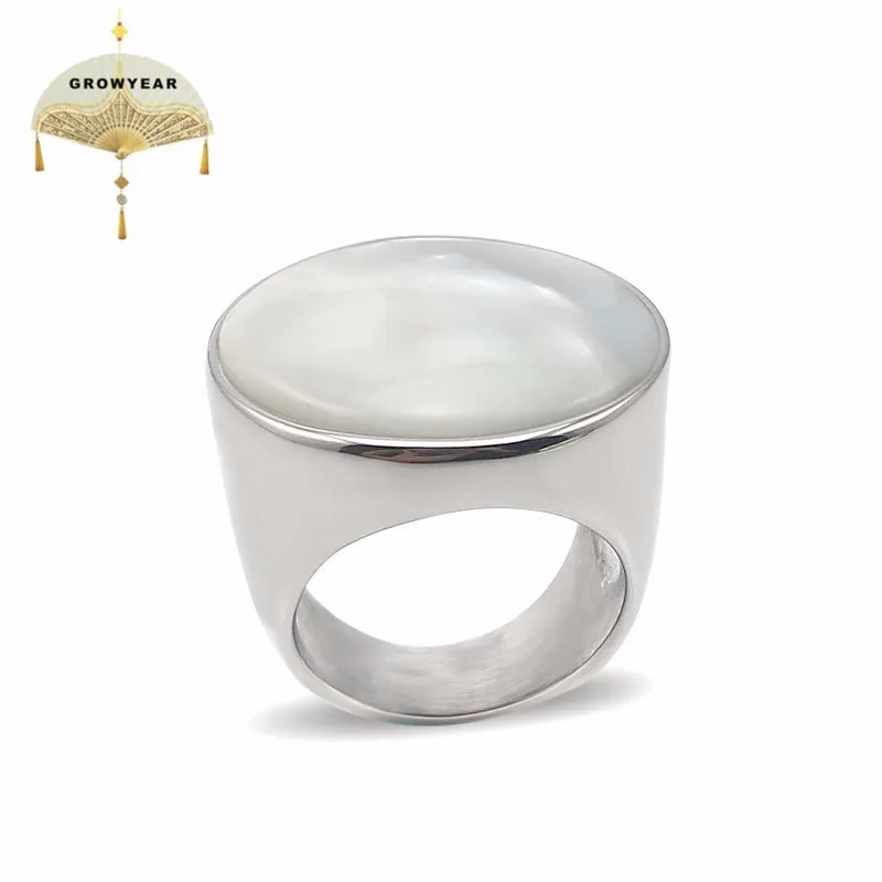 316L stainless steel product add mother of pearl women ring silver color fashion bezel setting  wide interface jewelry