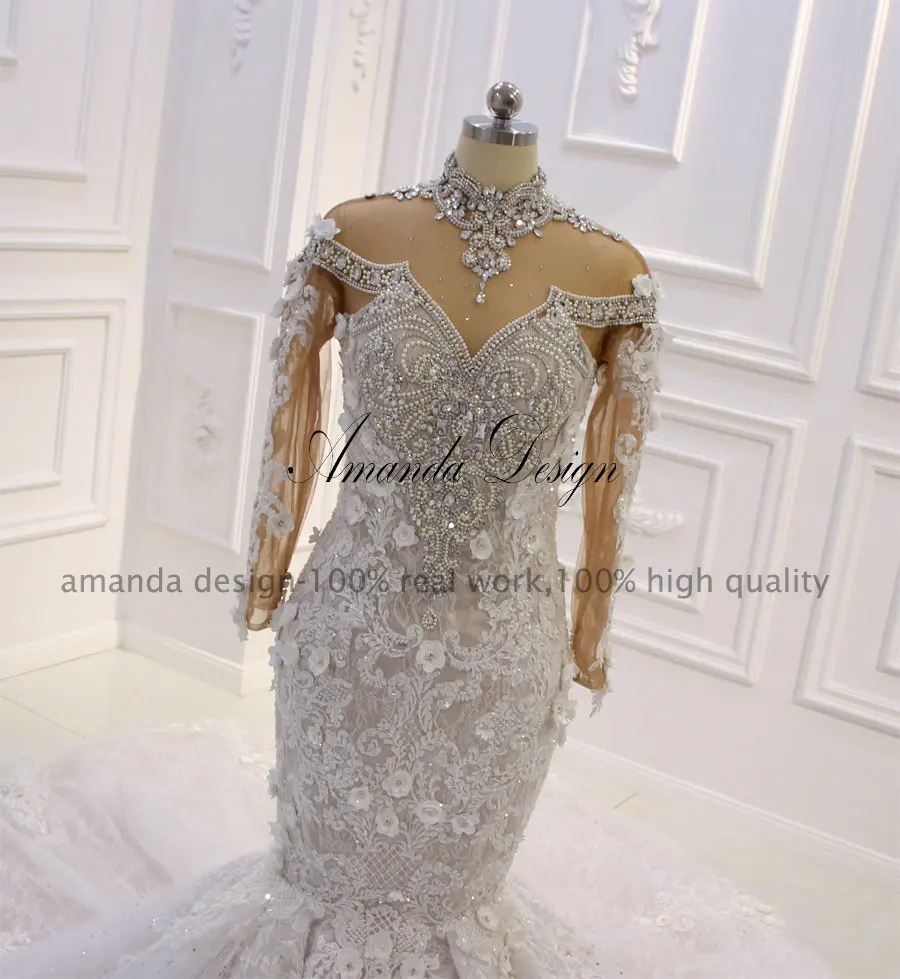 Amanda Design vestito sposa High Neck Long Sleeve Crystal Mermaid Africa Wedding Dress for Bride