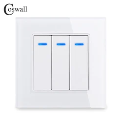 Coswall Luxury Crystal Tempered Glass Panel 3 Gang 1 Way Light Switch On / Off Wall Switch With LED Indicator 16A AC 12-250V