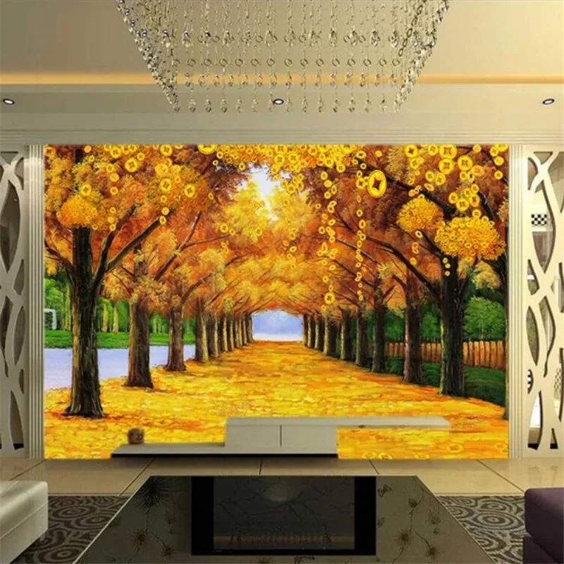 Beibehang-Custom Grande Photo Mural, 3D Money Tree, Boulevard Dourado, Fundo De TV, Papel De Parede, Pintura Decorativa