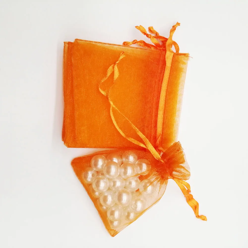 100 pçs sacos de organza laranja pequeno saco de presente de organza para exibição de embalagens de jóias saco de cordão de armazenamento de jóias de casamento de natal