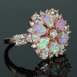 JZ0118  Luxury Flower Pink Opal Cubic Zirconia Ring Rose Golden Plated Rings for Women Wedding Rings Best Gift for Girls LFR100