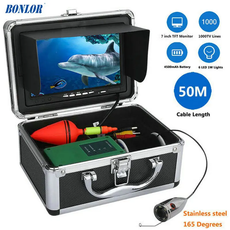 50m Extension Cable Fish Finder with Color CCD HD 1000TVL Underwater Fishing Video Camera 7Inch Color TFT Monitor Anti-Sun Cover