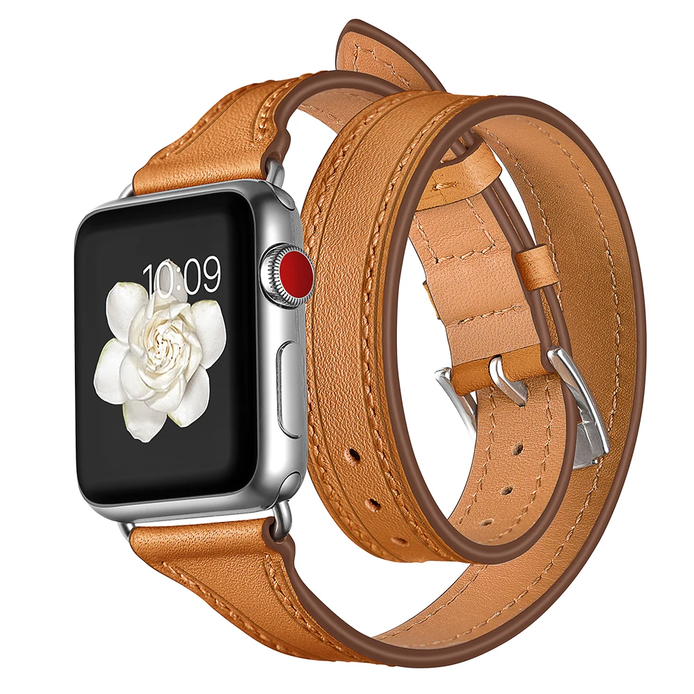 Double Tour For Apple watch band 40mm 44mm 45mm 41mm 42mm 38mm Genuine Leather watchband Bracelet iWatch serie 3 5 se 6 7 Strap image 5