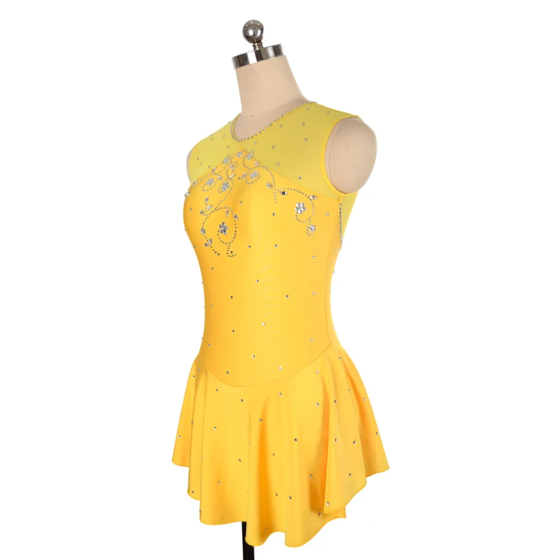 Figure Skating Dress Girl Sleeveless Rhinestone Skirt Spandex Dance Dress Sexy Yellow Skating Dress