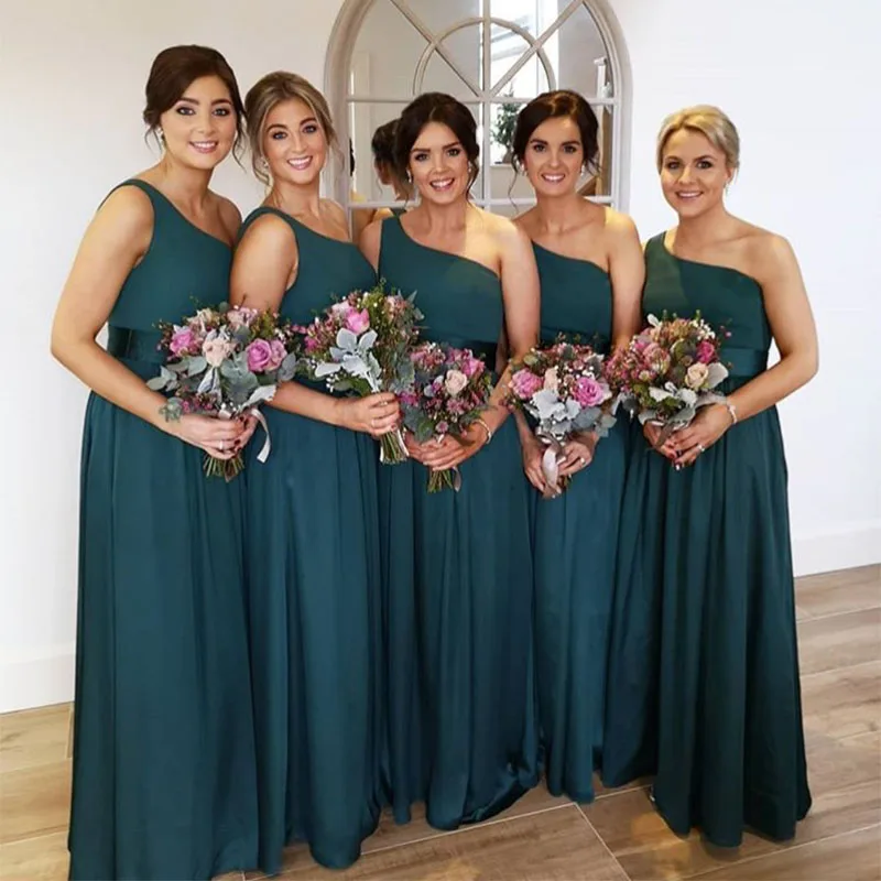 Simple Bottle Green Bridesmaid Dresses One Shoulder Long Chiffon Country Garden Formal Party Dresses For Women