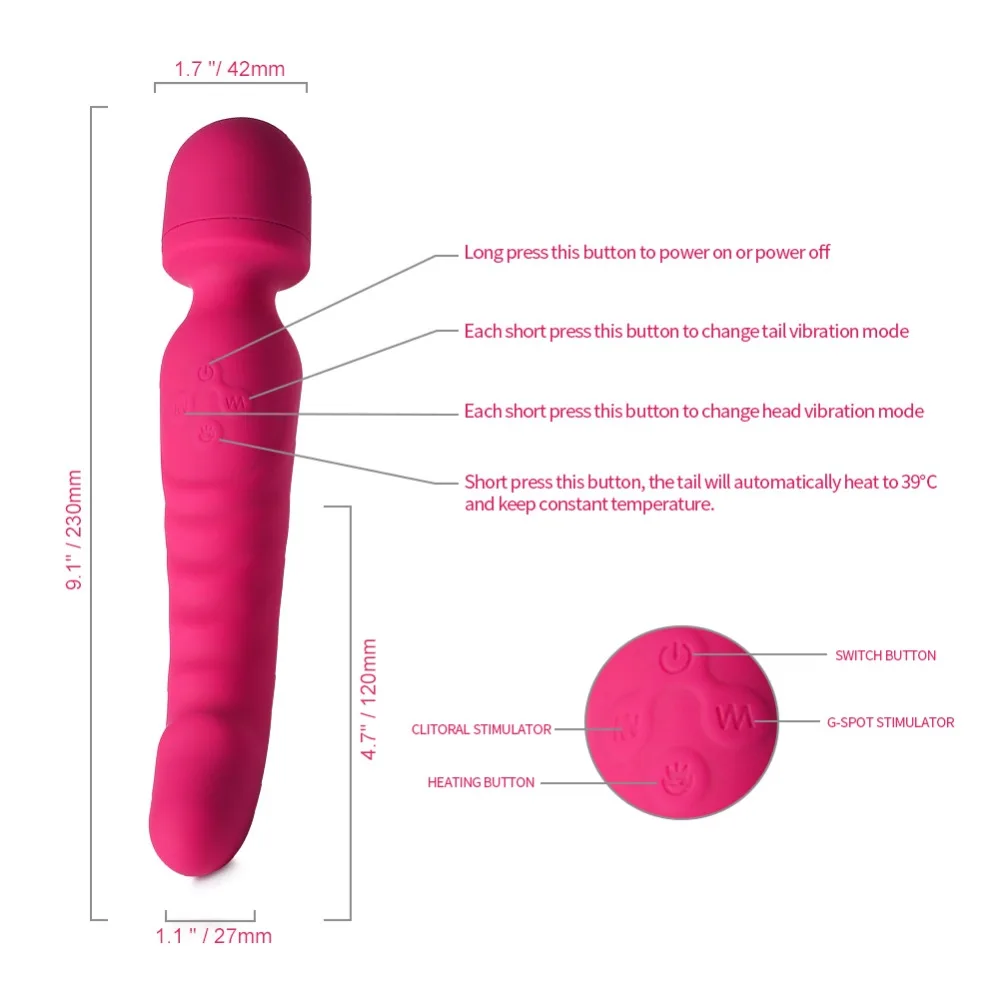 Magic Wand Vibrators Heating Dildo Vibrator Rechargable Body Massage Stick 7 Speed Vibration Dual Vibrators Sex Tooys for Women