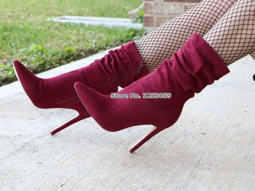 ALMUDENA Women Wine Red Army Green Suede Mid-calf Boots Folded Stiletto Heels Dress Boots Zipper High Heel Shoes Dress Pumps