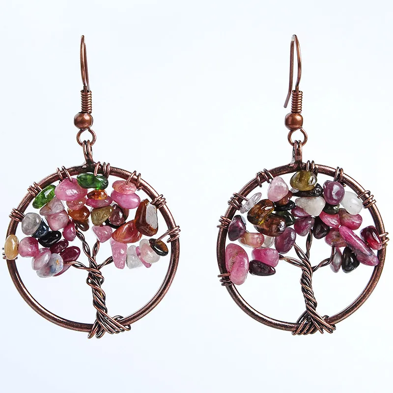 Vintage Tree of Life Women Drop Earrings Round Natural Chip Gem Stone Purple Pink Crystal Tourmaline Dangle Hook Earring Jewelry