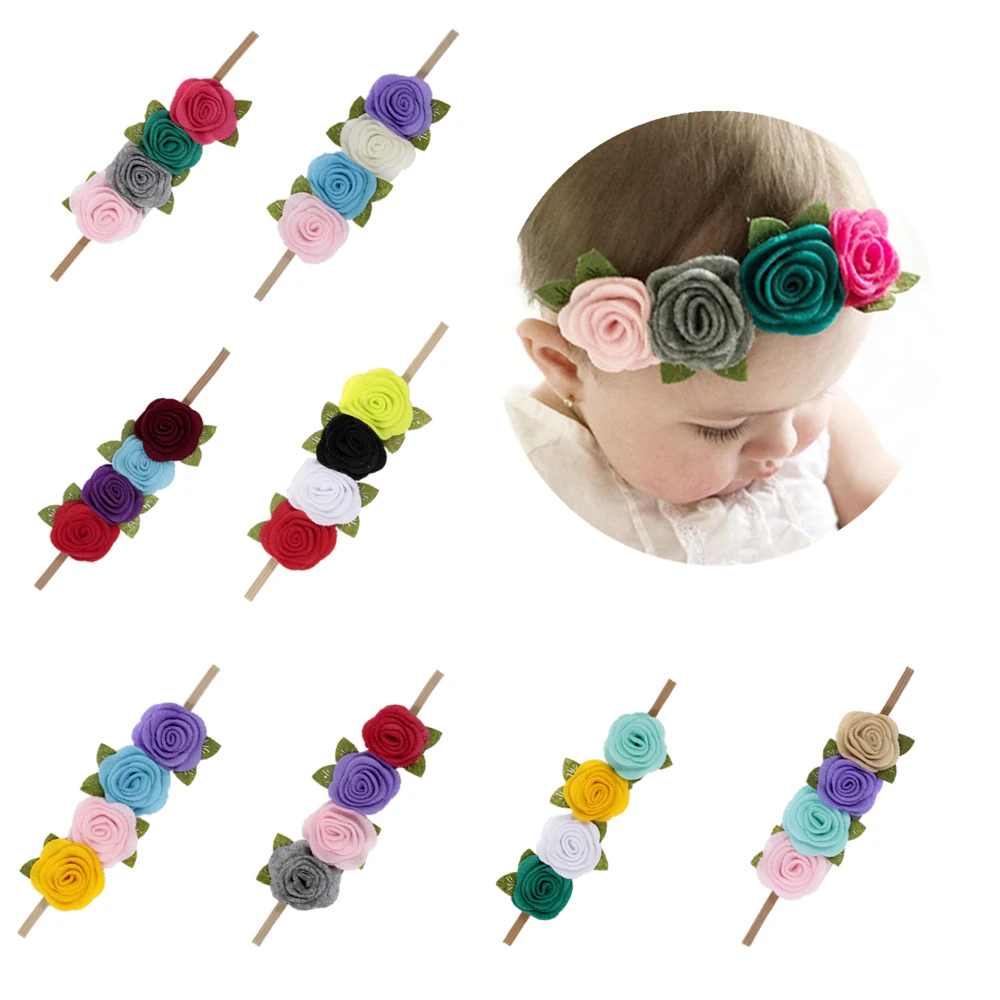 Fashion Felt Rose Flower Headband Baby Girls Leaves Flower Headwear Infant Toddler Birthday Gift Photo Shoot Hair Accessories