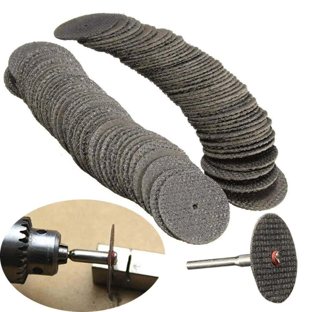 100pcs Fiberglass Reinforced Cut Off Wheel Discs Rotary Tool 32mm + 2pc Mandrel Abrasive Cutting Grooving Tools