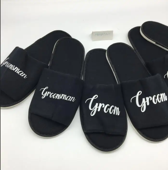 personalize language black Wedding groom Slippers, Bride Slippers, Groomsman Slippers custom Print shoes birthday slippers