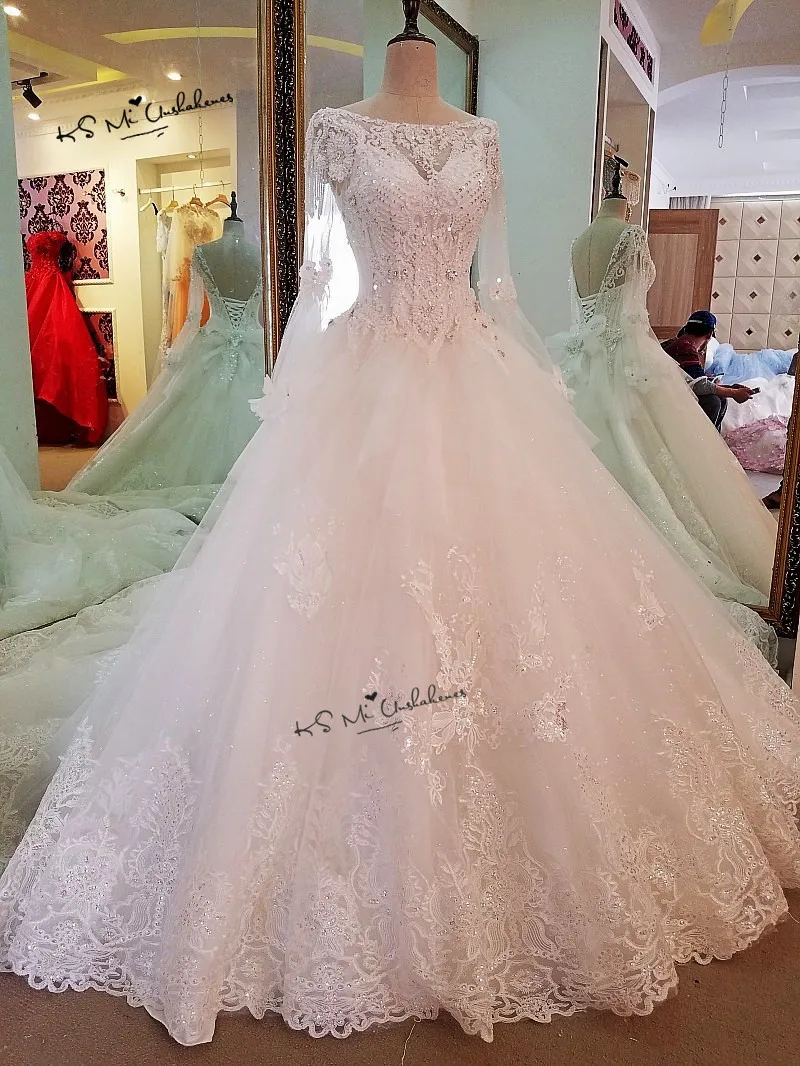 Vestido de Noiva Princesa فساتين زفاف فاخرة 2018 كم طويل كريستال الخرز فساتين الزفاف الترتر سباركي الكنيسة فستان عروس